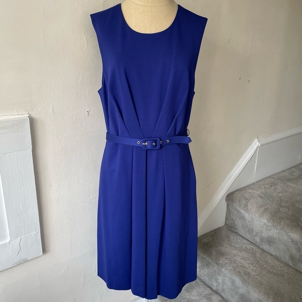 Trina Turk Blue Ponte Pleat Accent Belted Ponte Sheath Dress EUC Style 2113939